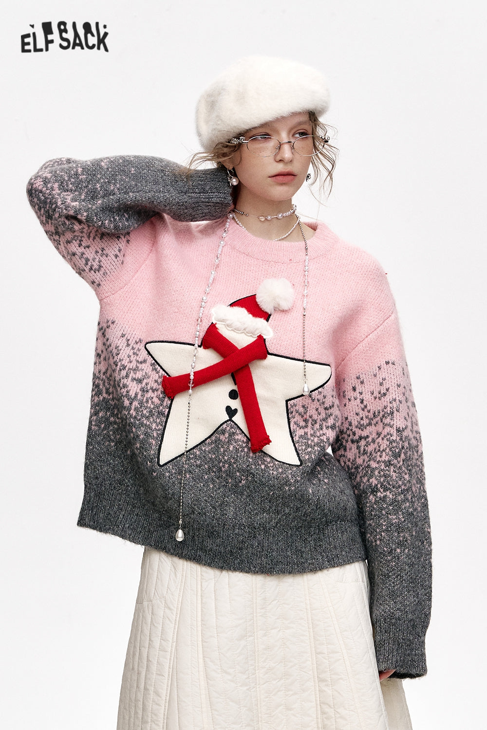 ELFSACK Sweet Star Gradient Loose Thickened Sweater