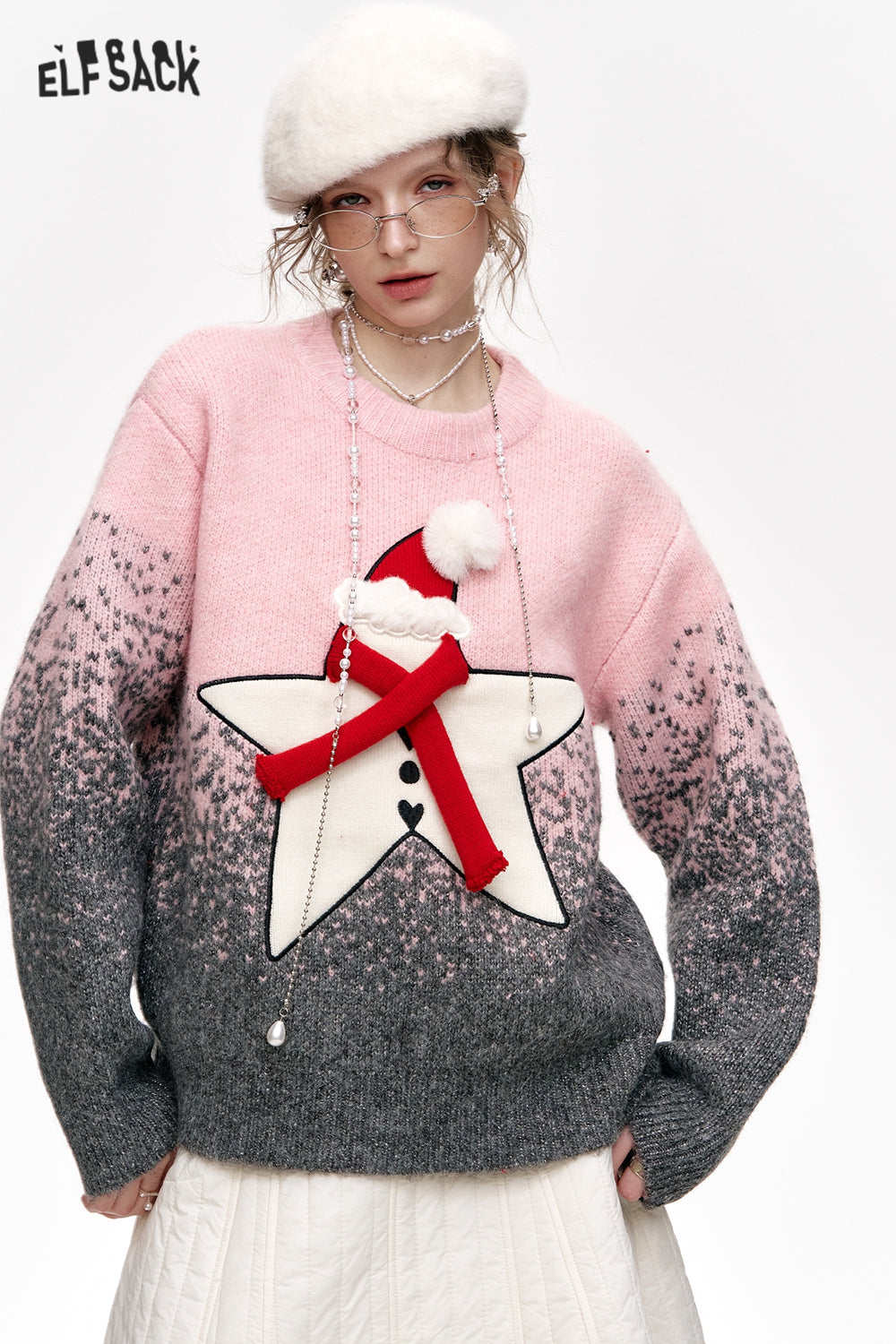 ELFSACK Sweet Star Gradient Loose Thickened Sweater