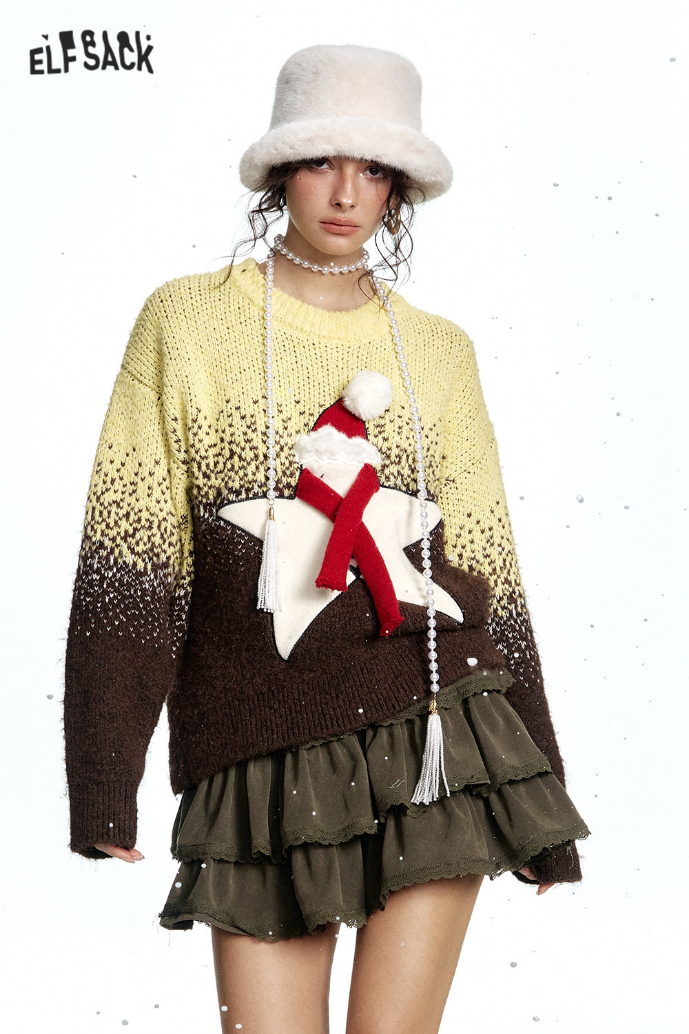 ELFSACK Sweet Star Gradient Loose Thickened Sweater