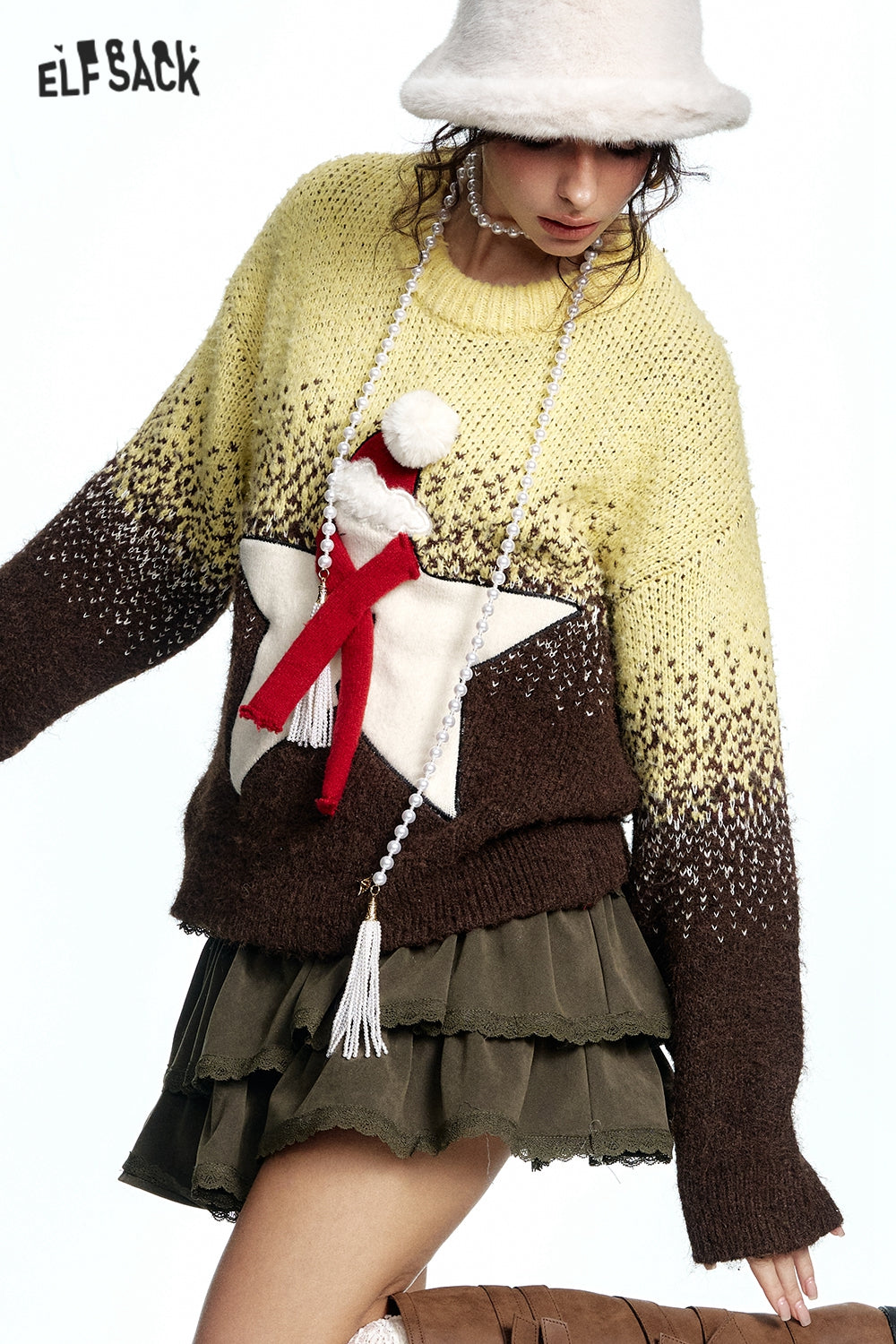 ELFSACK Sweet Star Gradient Loose Thickened Sweater