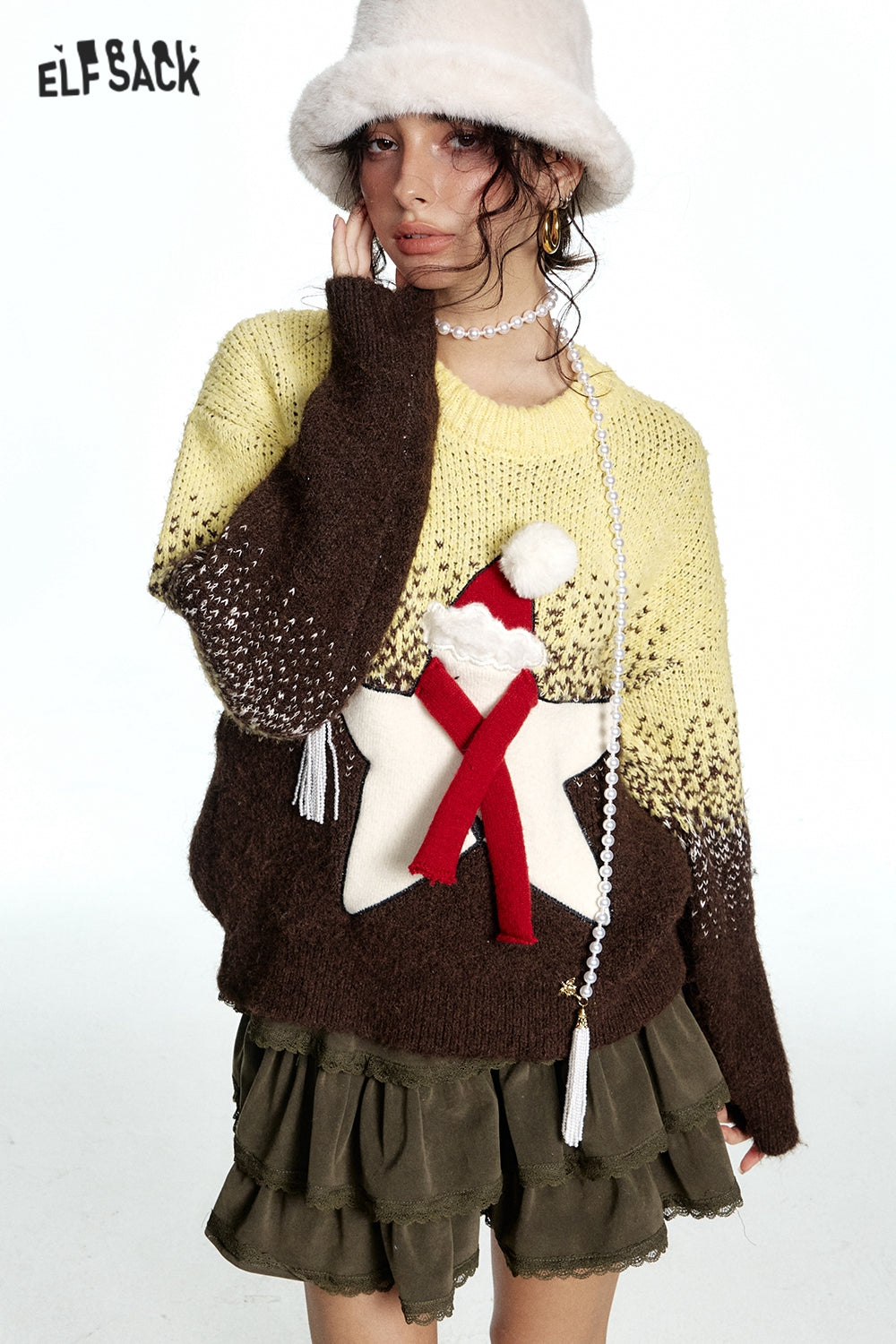 ELFSACK Sweet Star Gradient Loose Thickened Sweater