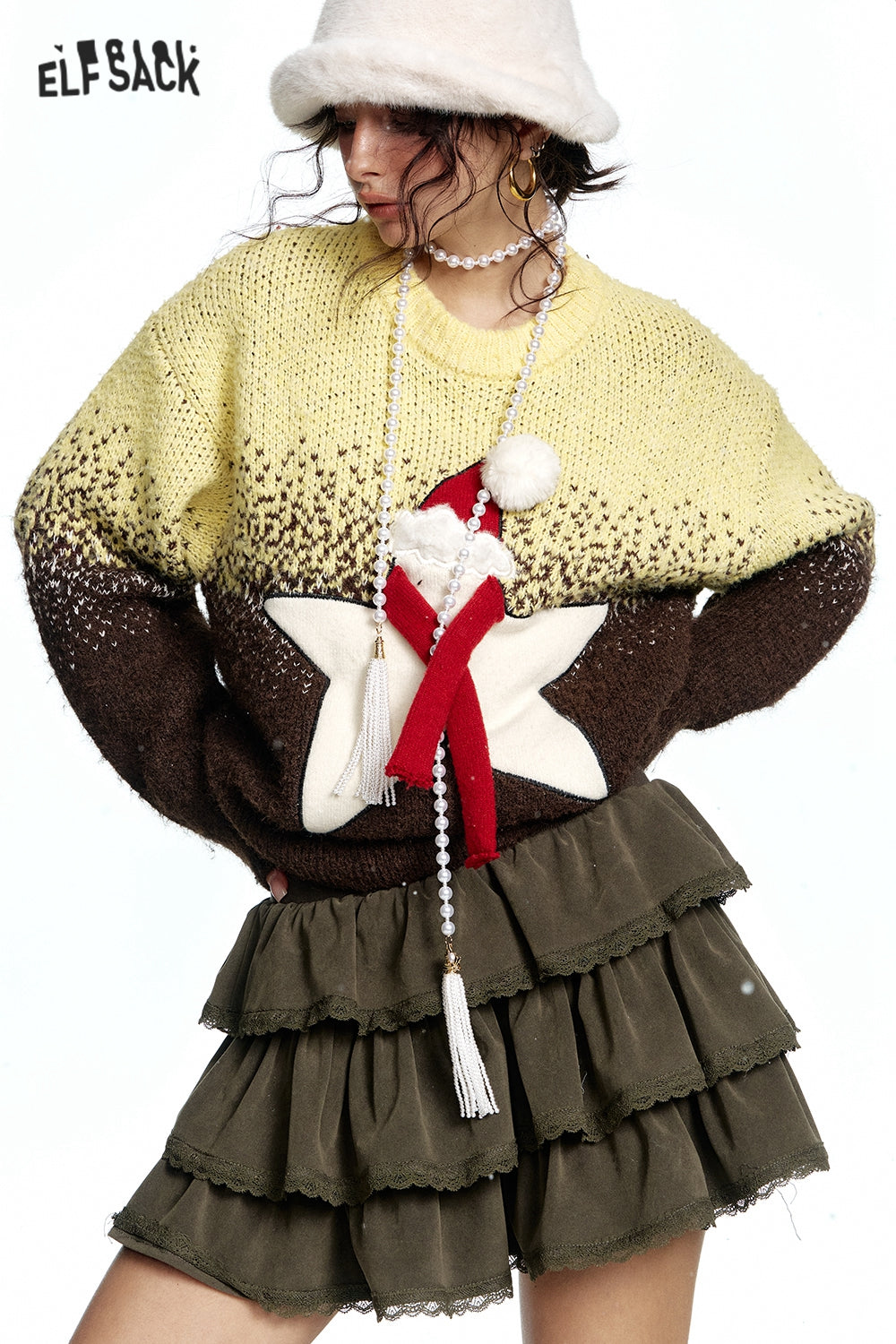 ELFSACK Sweet Star Gradient Loose Thickened Sweater