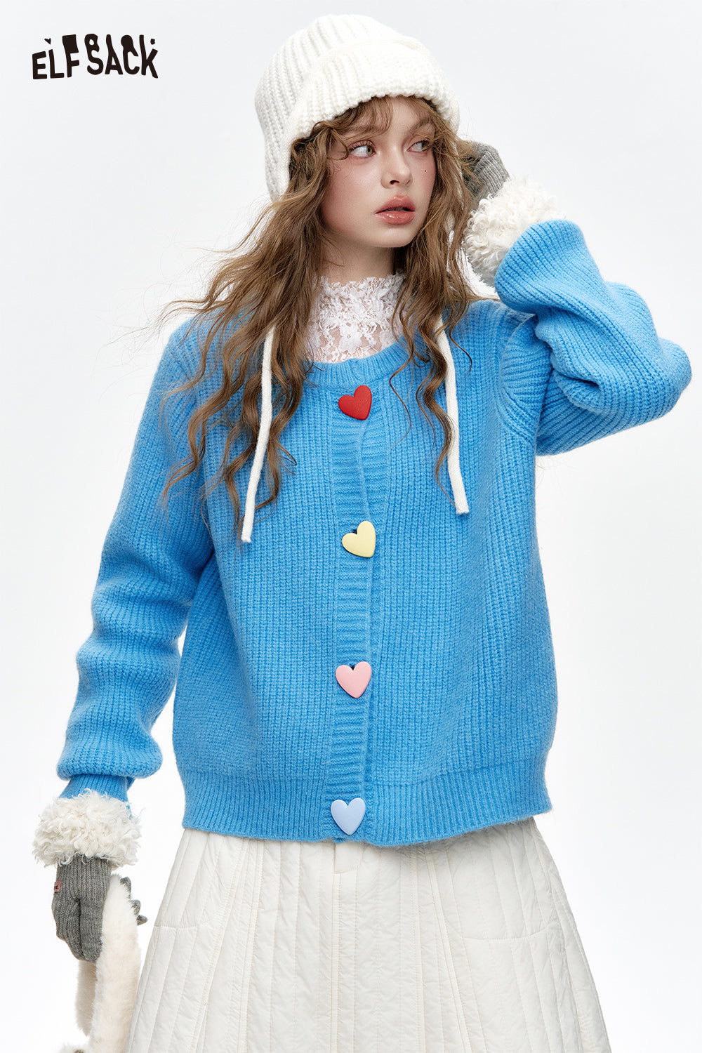 ELFSACK Sweet colorful heart buttons knitted cardigan sweater women