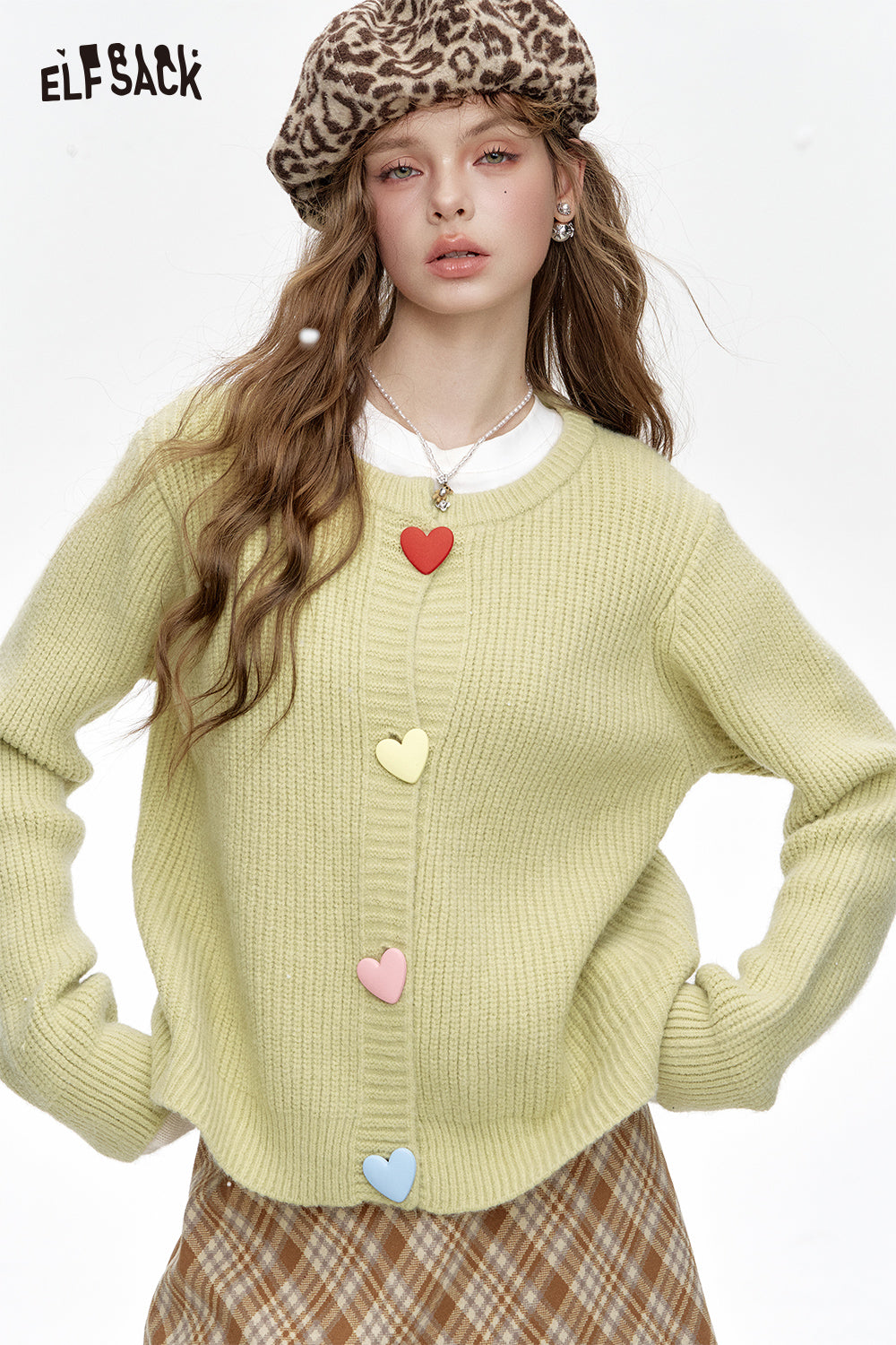 ELFSACK Sweet colorful heart buttons knitted cardigan sweater women