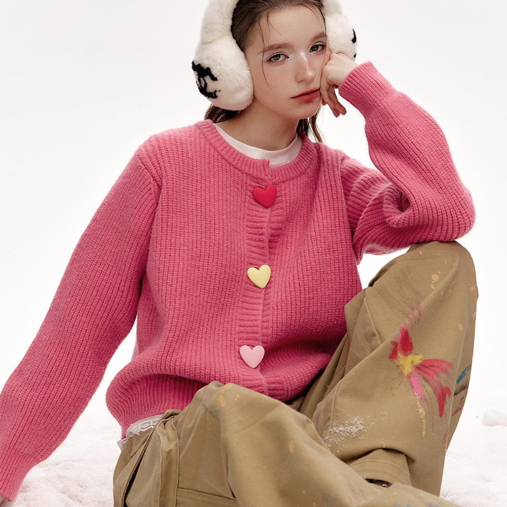 ELFSACK 2024 Winter New Arrivals Sweet colorful heart buttons knitted cardigan sweater women