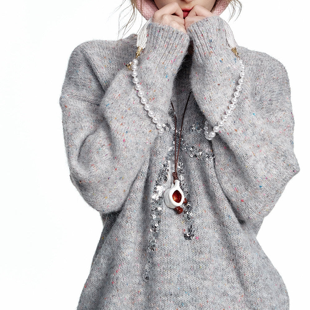 ELFSACK 2024 Winter New Arrivals Round Neck Grey Colorful Dots Bowknot Sequins Sweater Women