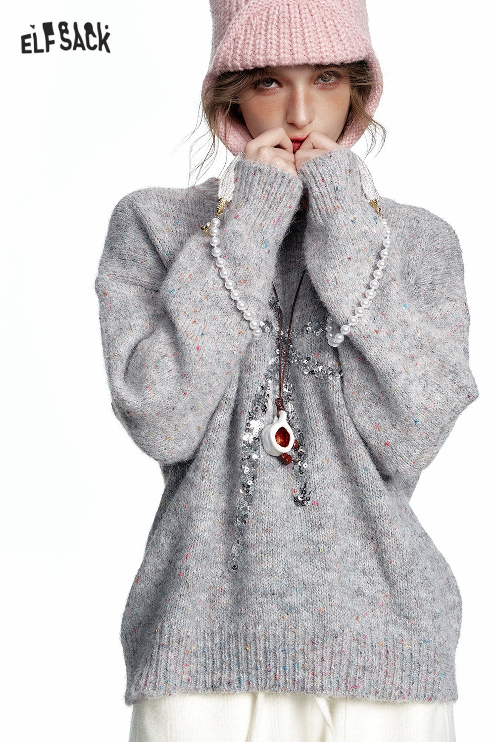 ELFSACK 2024 Winter New Arrivals Round Neck Grey Colorful Dots Bowknot Sequins Sweater Women