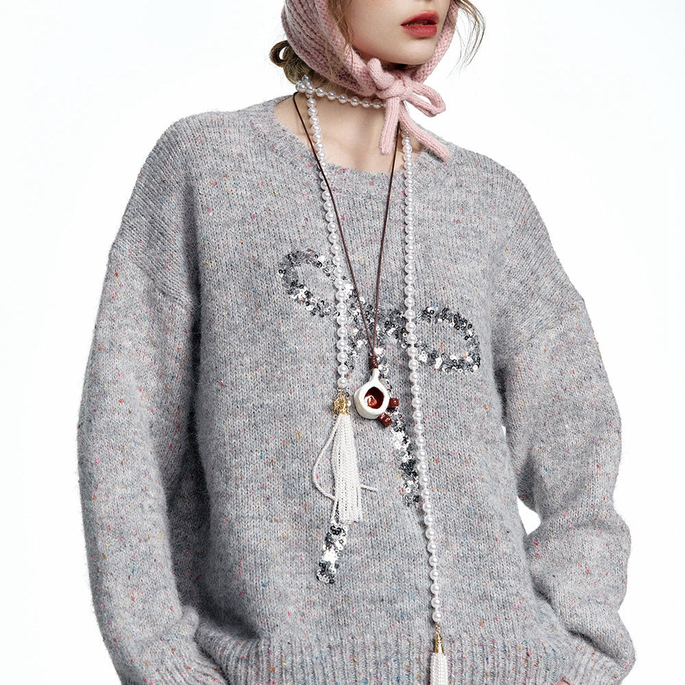 
                  
                    ELFSACK 2024 Winter New Arrivals Round Neck Grey Colorful Dots Bowknot Sequins Sweater Women
                  
                