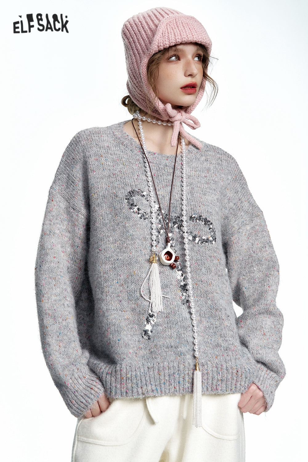 ELFSACK Round Neck Grey Colorful Dots Bowknot Sequins Sweater Women