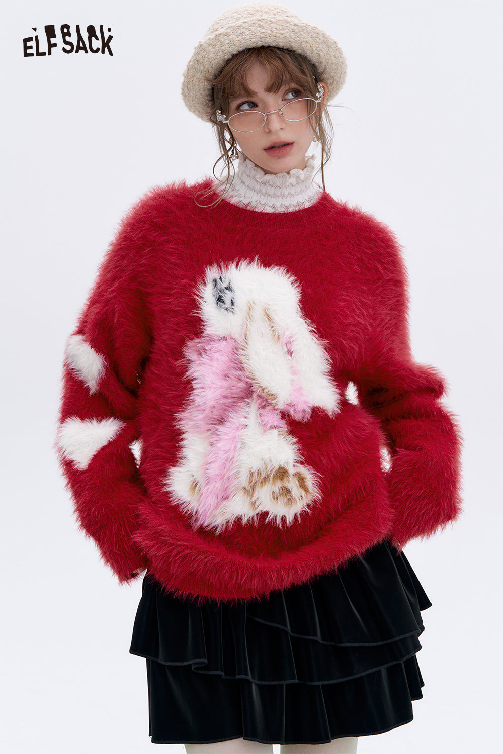 ELFSACK Burgundy Heart Cartoon Rabbit Crewneck Sweater Women