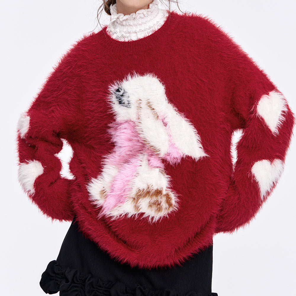 ELFSACK 2024 Winter New Arrivals Burgundy Heart Cartoon Rabbit Crewneck Sweater Women