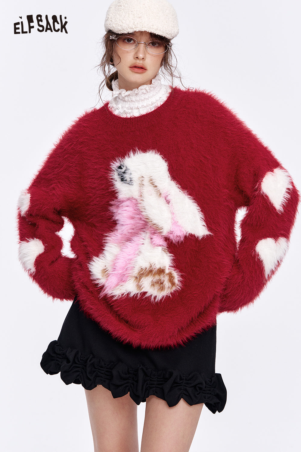 ELFSACK Burgundy Heart Cartoon Rabbit Crewneck Sweater Women