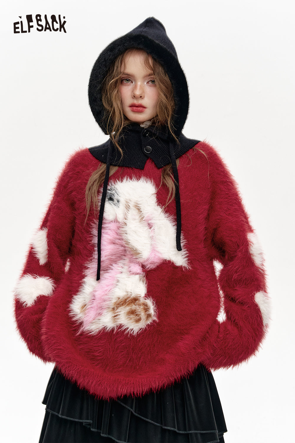 ELFSACK Burgundy Heart Cartoon Rabbit Crewneck Sweater Women