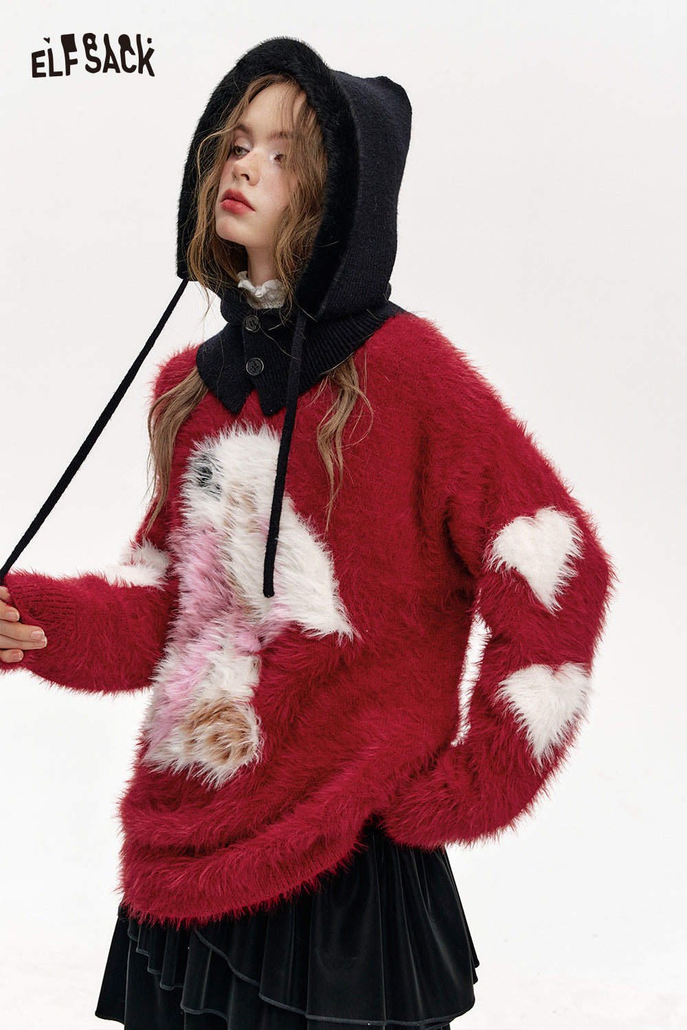 ELFSACK Burgundy Heart Cartoon Rabbit Crewneck Sweater Women