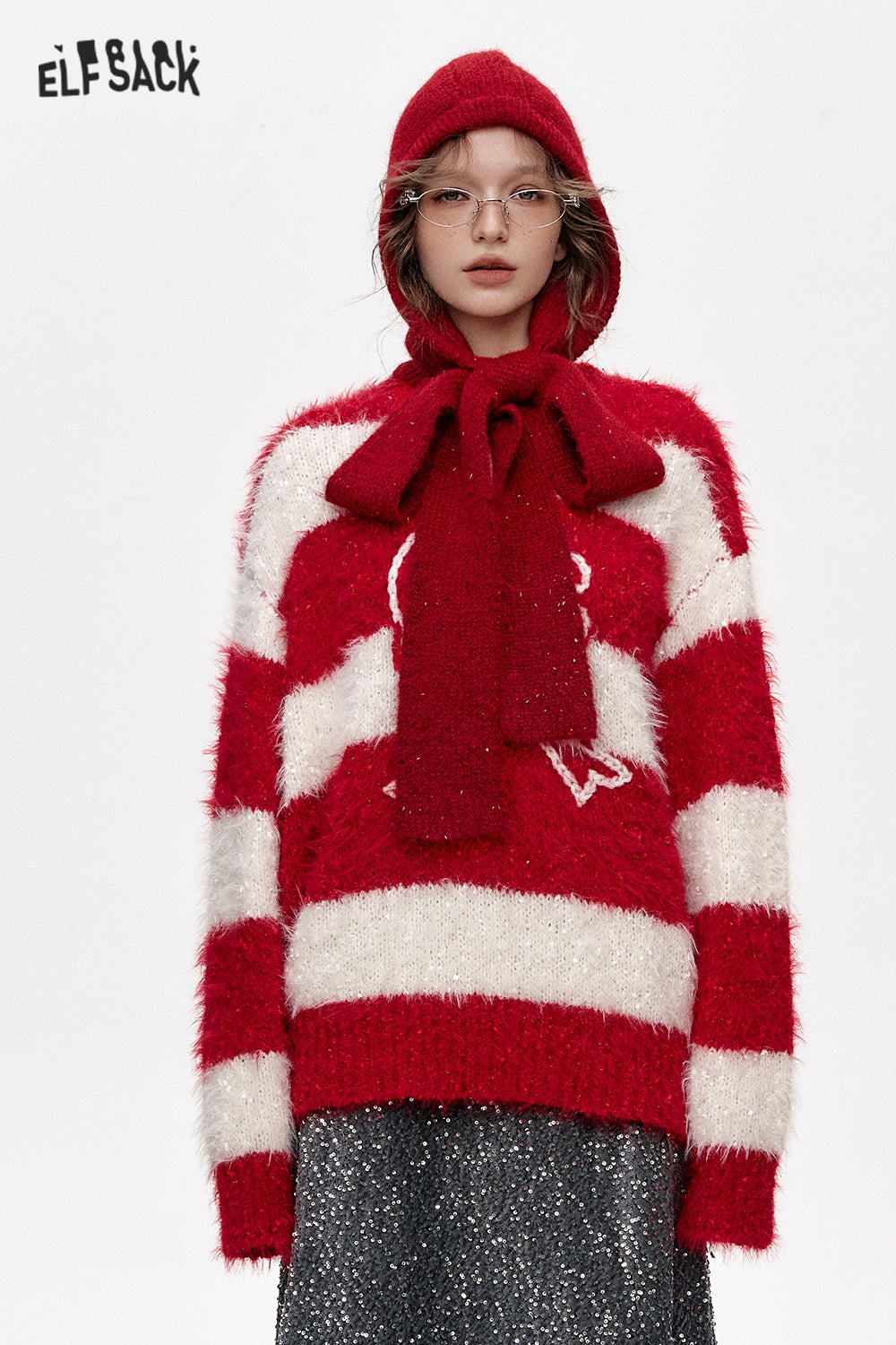 ELFSACK Year Red White Stripes Bowknot Jacquard Long Hair Sweater Women