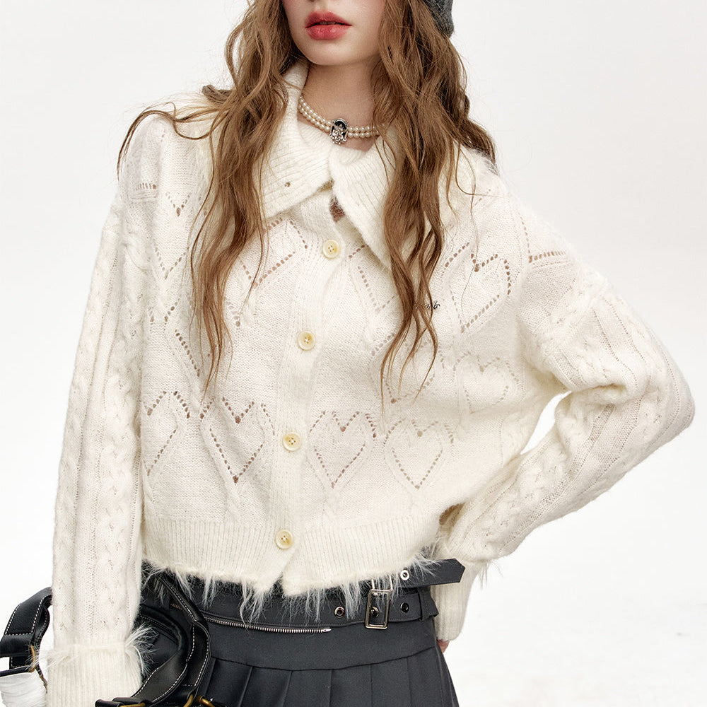 ELFSACK 2024 Winter New Arrivals Lapel Heart Hollow White Knit Short Cardigan Women