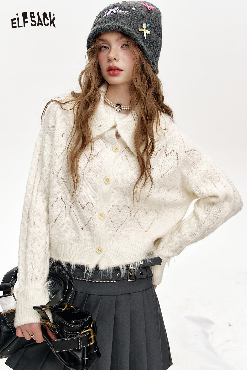 ELFSACK 2024 Winter New Arrivals Lapel Heart Hollow White Knit Short Cardigan Women