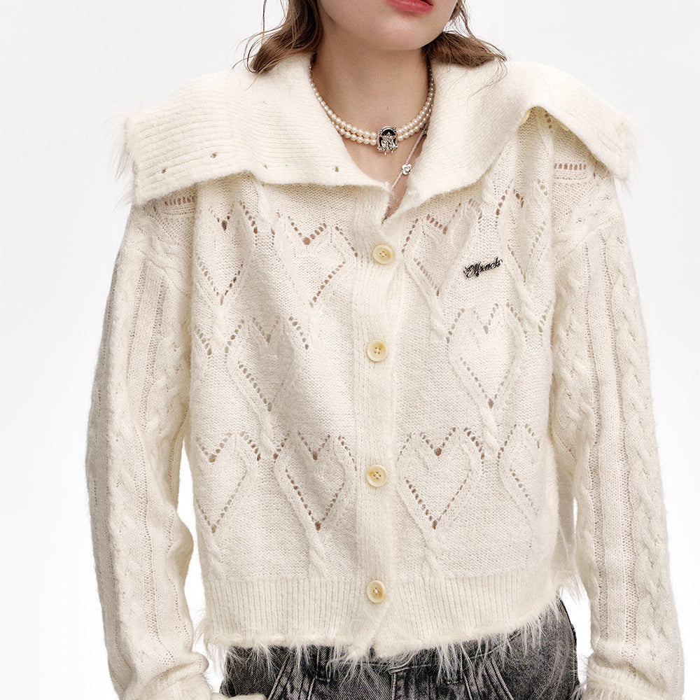 
                  
                    ELFSACK 2024 Winter New Arrivals Lapel Heart Hollow White Knit Short Cardigan Women
                  
                