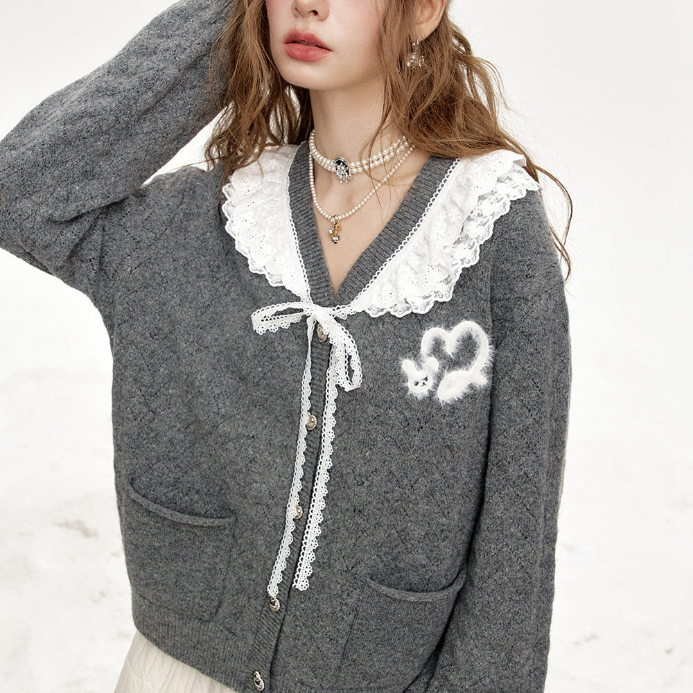 
                  
                    ELFSACK 2024 Winter New Arrivals Embroidery Lace Bowknot Splicing V-neck Knitted Cardigan Women
                  
                