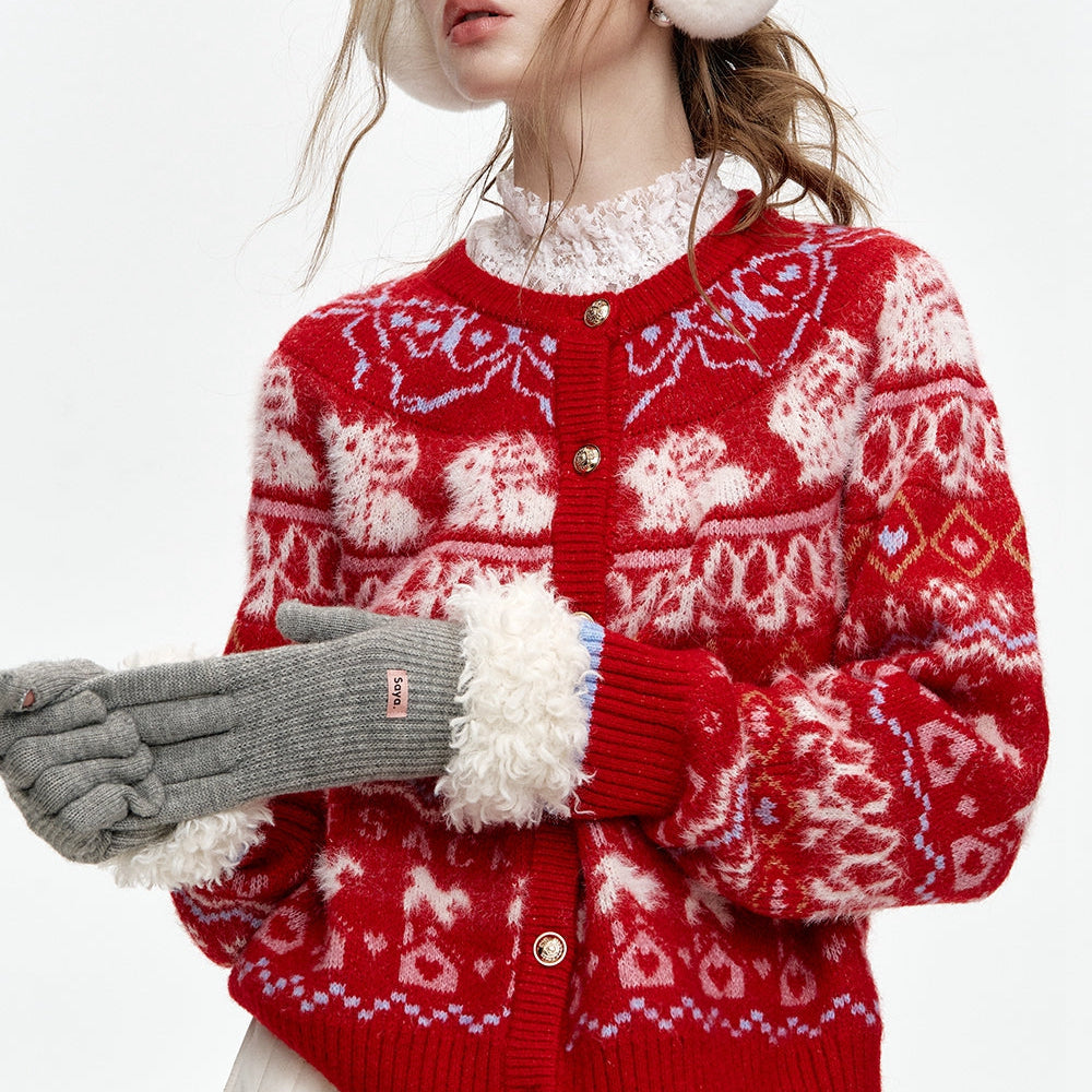 ELFSACK 2024 Winter New Arrivals Fair Isle Red Rabbit Knit Cardigan Women