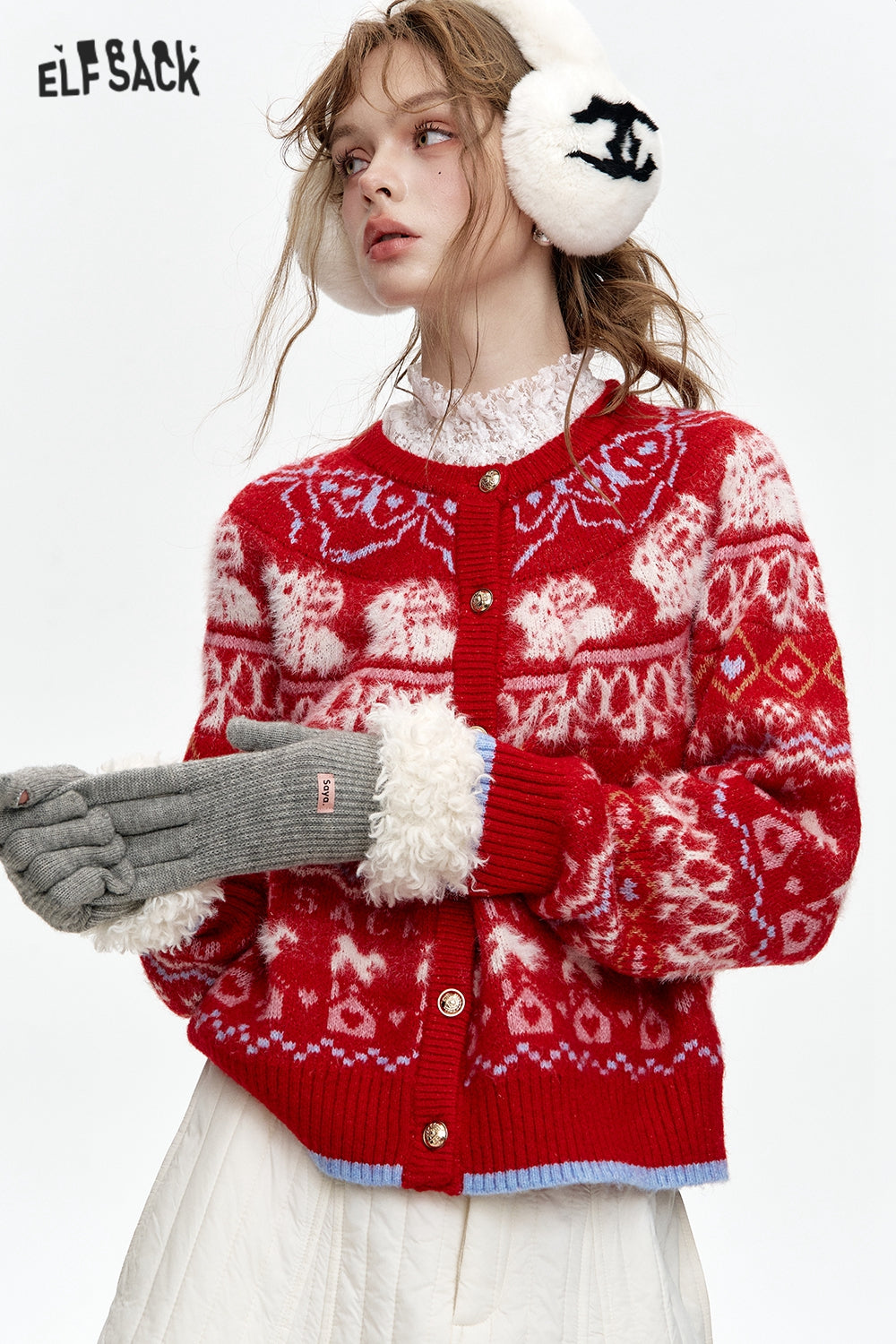 ELFSACK 2024 Winter New Arrivals Fair Isle Red Rabbit Knit Cardigan Women