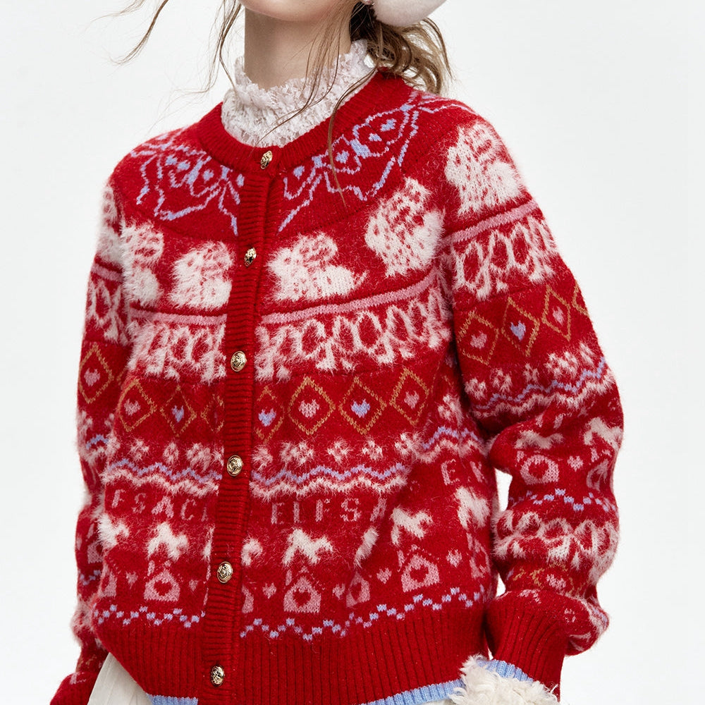 ELFSACK 2024 Winter New Arrivals Fair Isle Red Rabbit Knit Cardigan Women