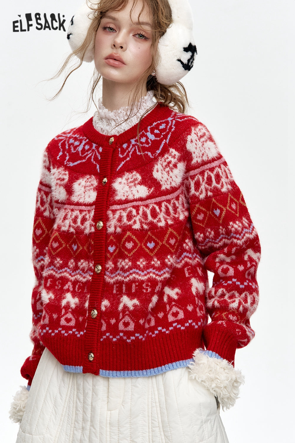 ELFSACK 2024 Winter New Arrivals Fair Isle Red Rabbit Knit Cardigan Women