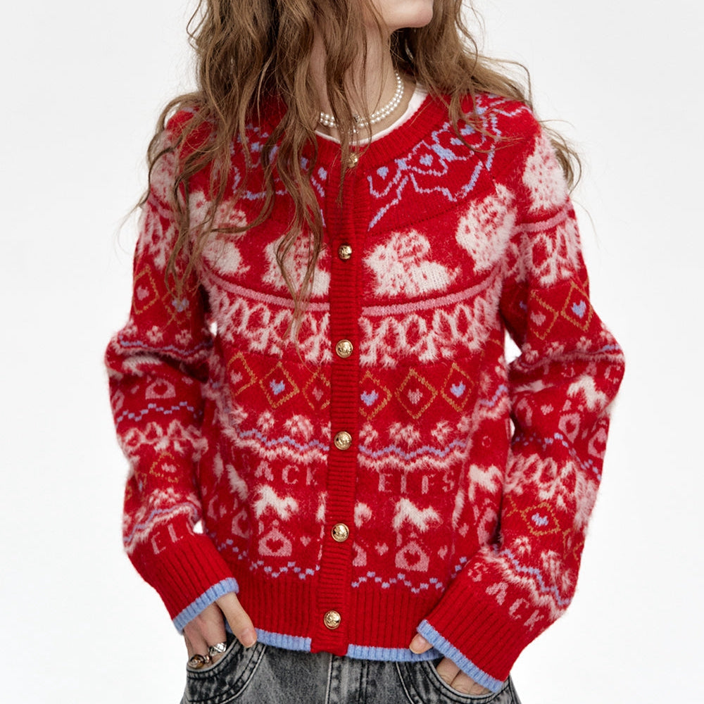 
                  
                    ELFSACK 2024 Winter New Arrivals Fair Isle Red Rabbit Knit Cardigan Women
                  
                