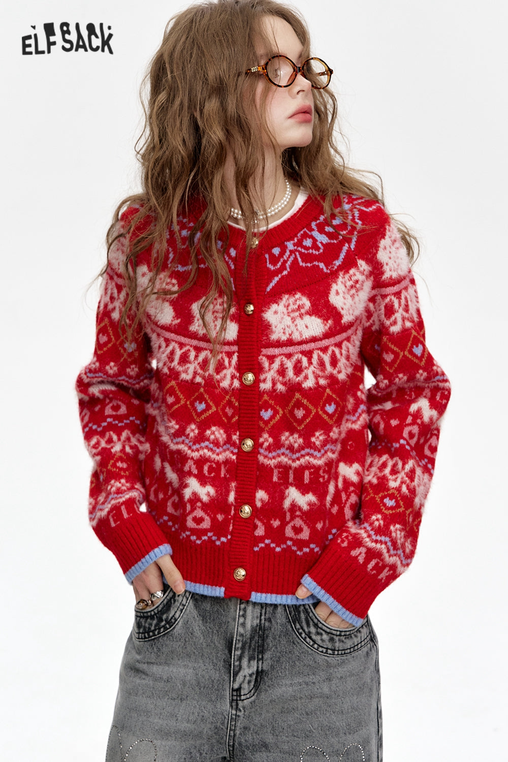 ELFSACK Fair Isle Red Rabbit Knit Cardigan Women