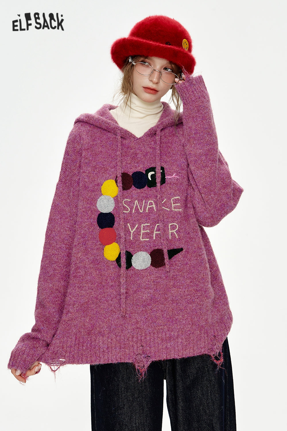 ELFSACK Cartoon snake towel embroidery loose hooded sweater
