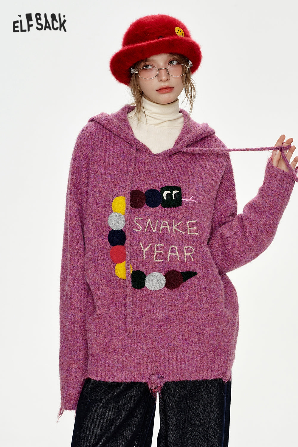 ELFSACK Cartoon snake towel embroidery loose hooded sweater
