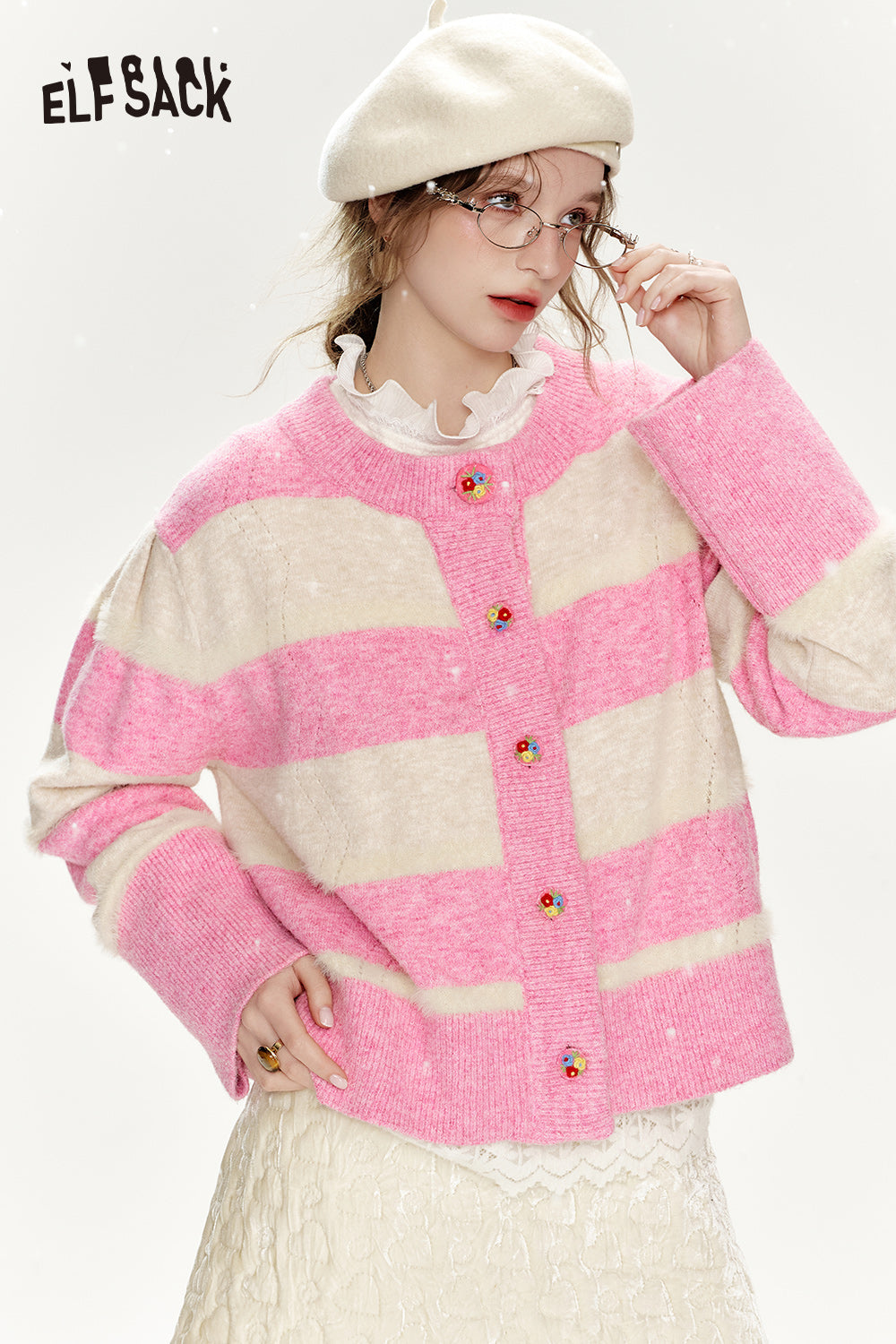 ELFSACK 2024 Winter New Arrivals Loose and sweet sweater cardigan, women's pink and white striped flower design buttons