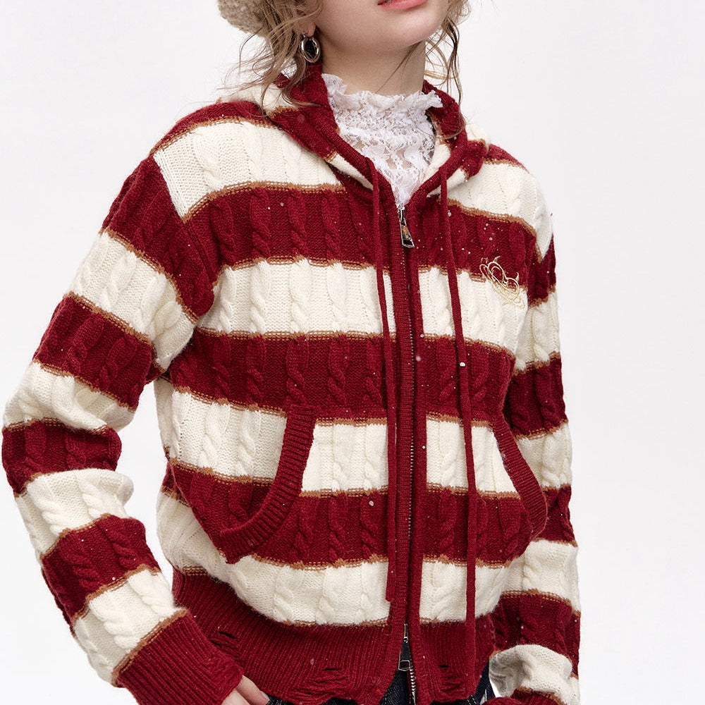 
                  
                    ELFSACK 2024 Winter New Arrivals Hooded Zipper Cardigan Christmas New Year Red and White Striped Embroidered Sweater Women
                  
                