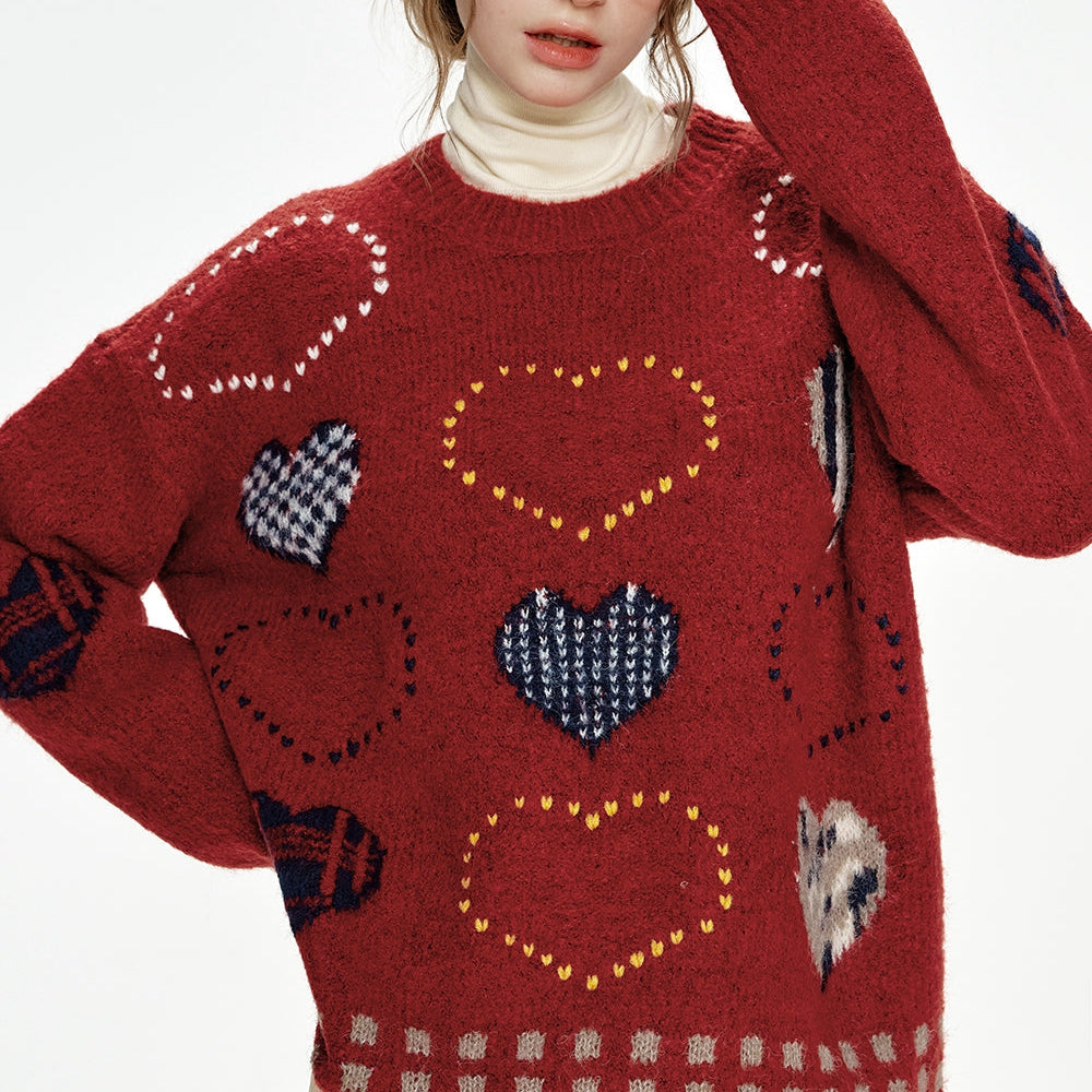 ELFSACK 2024 Winter New Arrivals Christmas New Year Red Heart Jacquard Round Neck Loose Sweater for Women