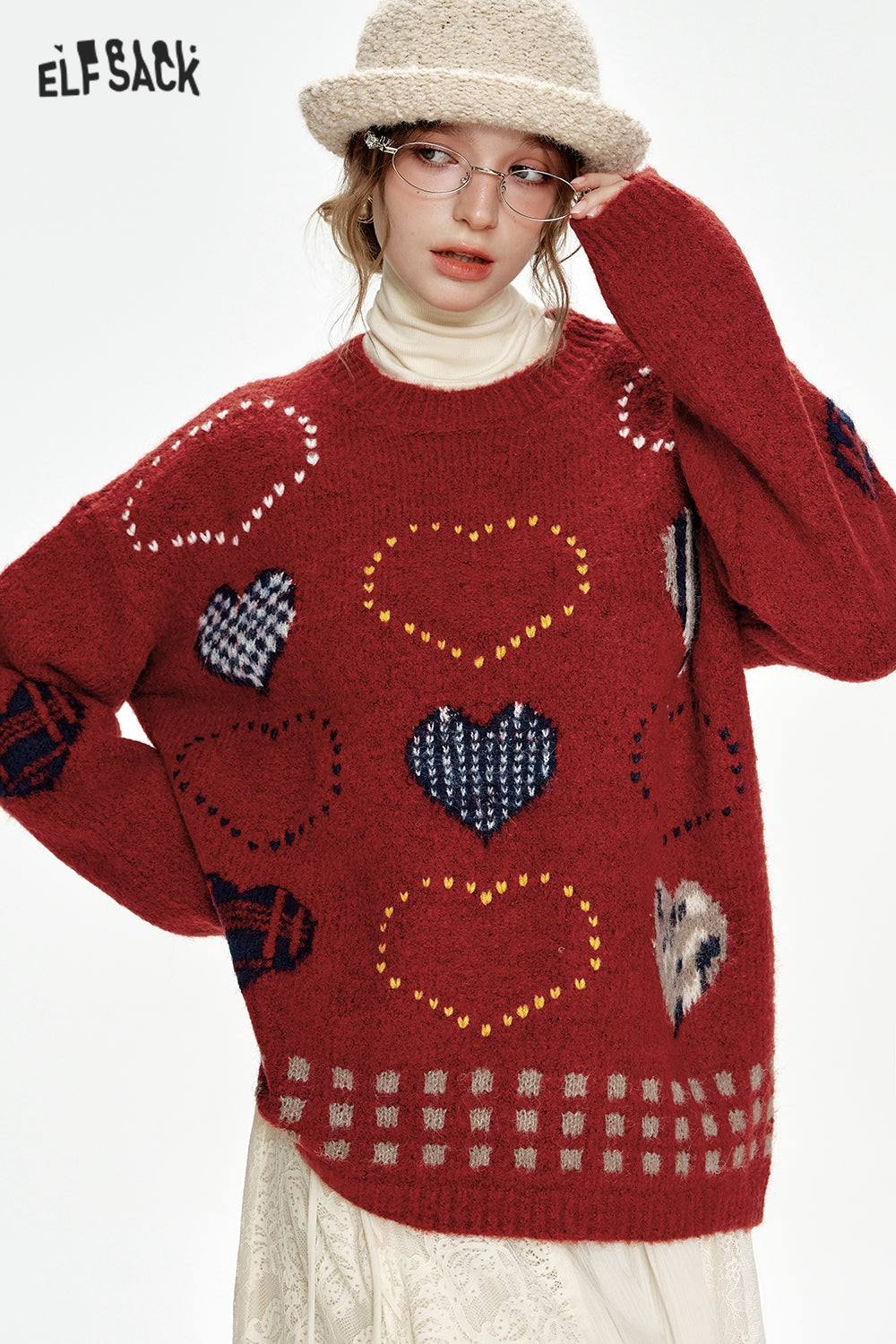 ELFSACK Christmas Year Red Heart Jacquard Round Neck Loose Sweater