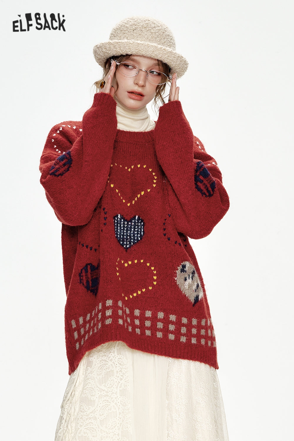 ELFSACK Christmas Year Red Heart Jacquard Round Neck Loose Sweater