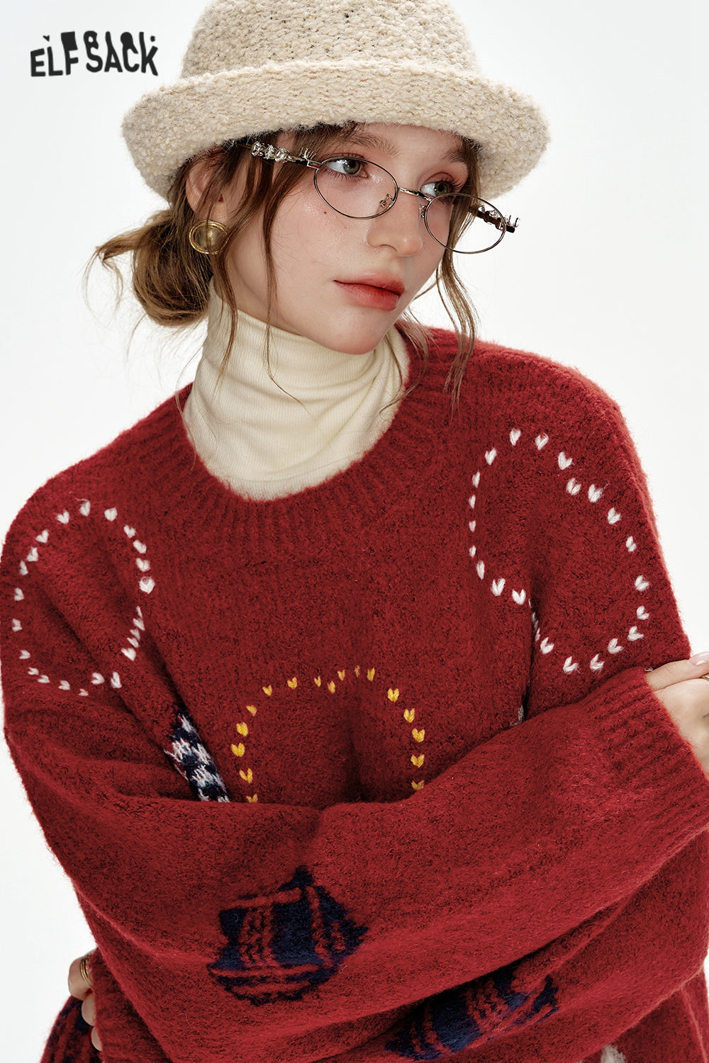 ELFSACK Christmas Year Red Heart Jacquard Round Neck Loose Sweater