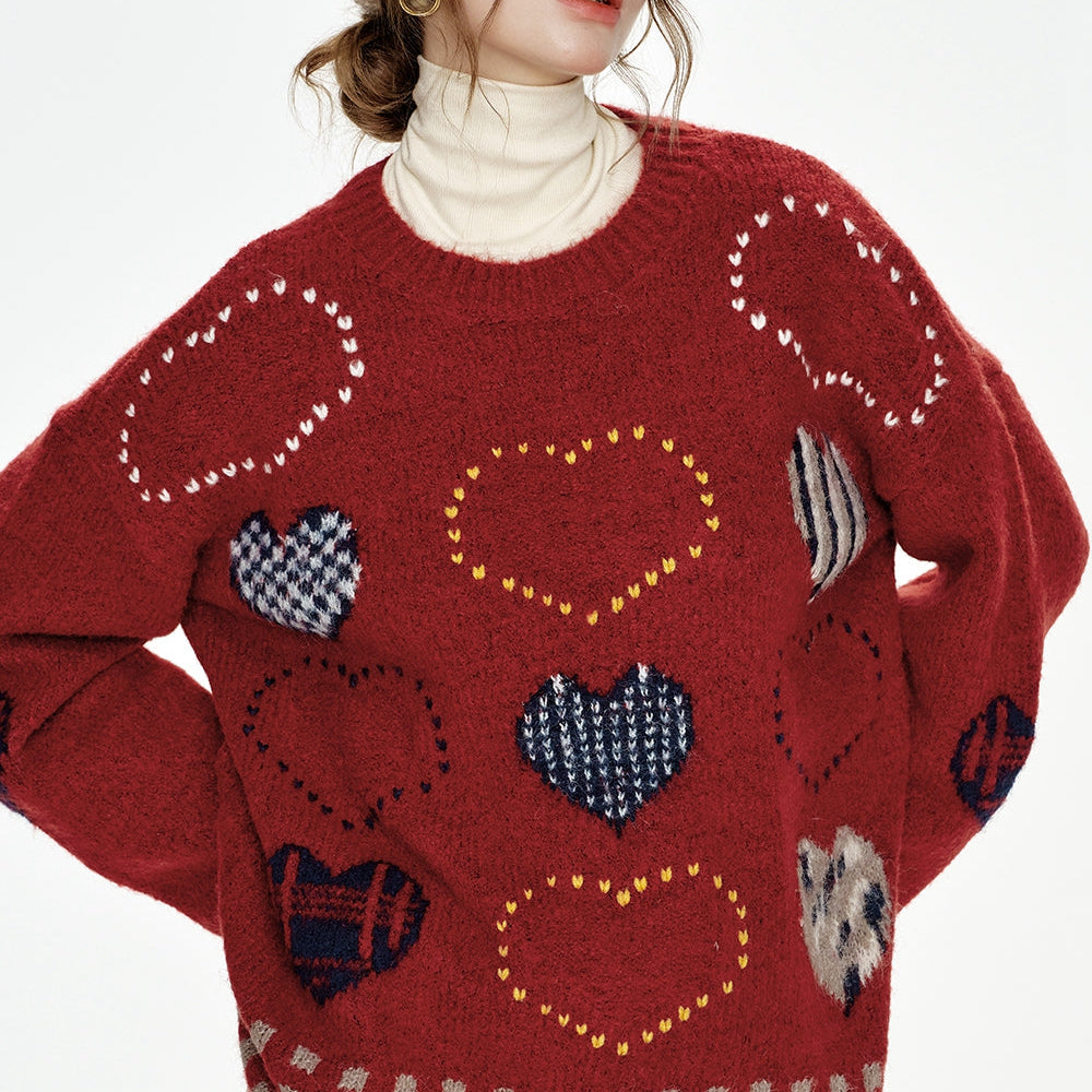 
                  
                    ELFSACK 2024 Winter New Arrivals Christmas New Year Red Heart Jacquard Round Neck Loose Sweater for Women
                  
                