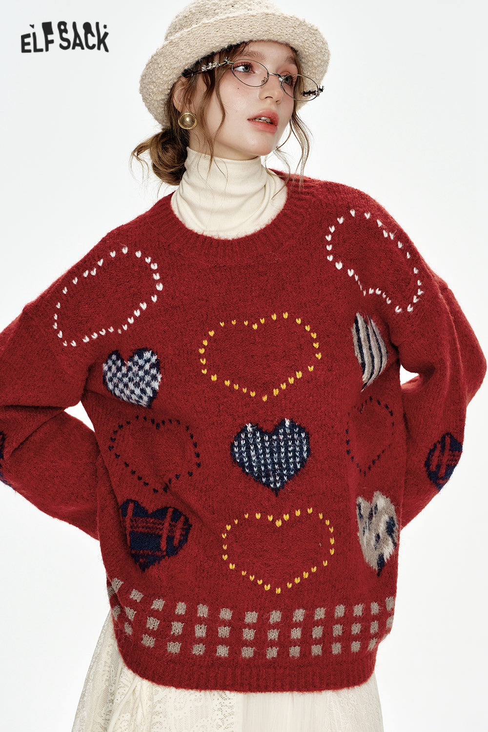 ELFSACK Christmas Year Red Heart Jacquard Round Neck Loose Sweater