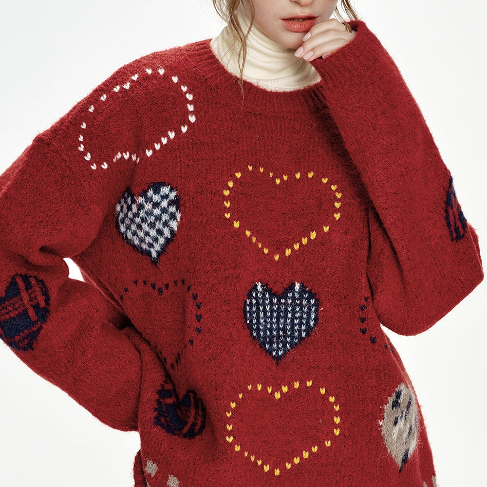 
                  
                    ELFSACK 2024 Winter New Arrivals Christmas New Year Red Heart Jacquard Round Neck Loose Sweater for Women
                  
                