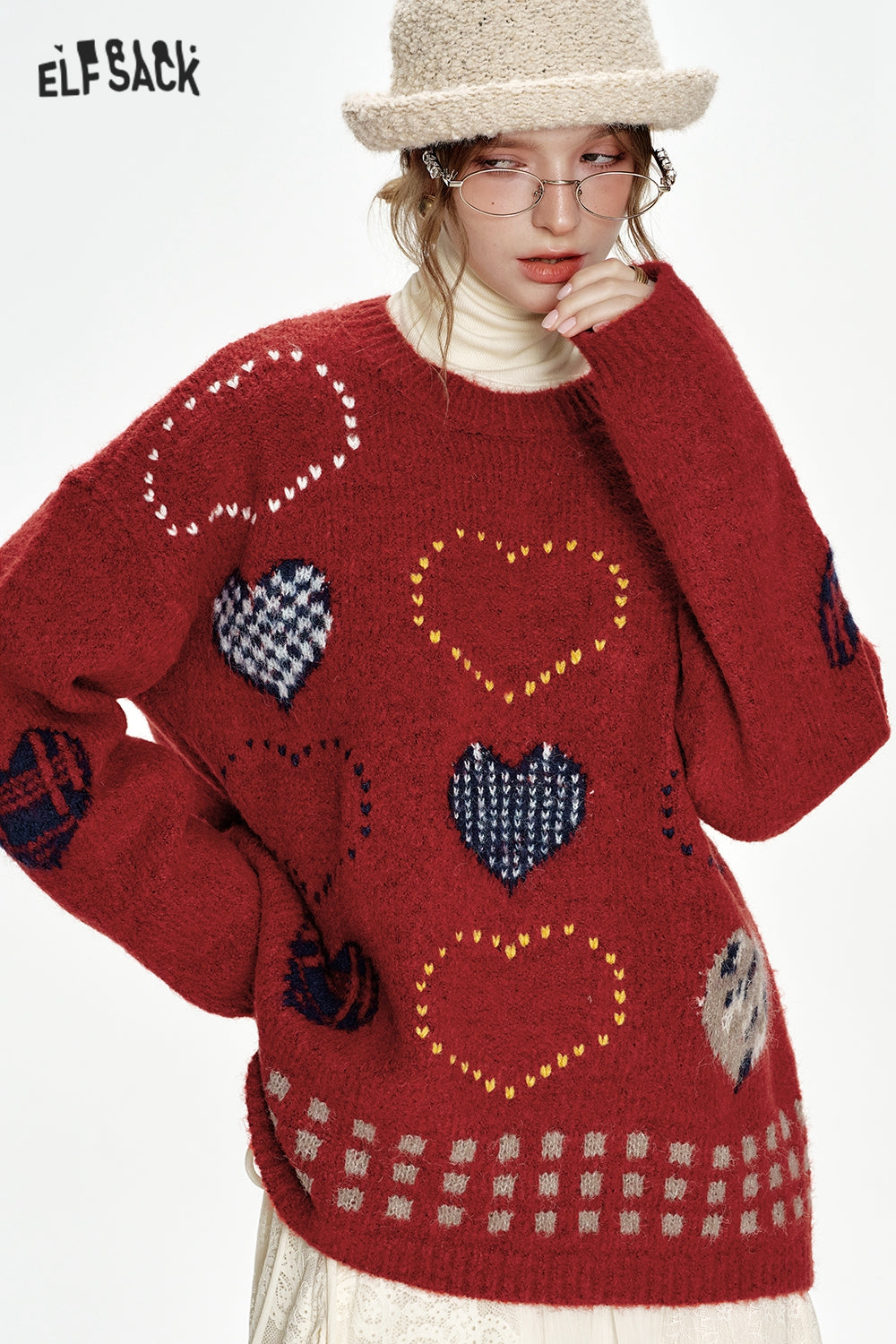 ELFSACK Christmas Year Red Heart Jacquard Round Neck Loose Sweater