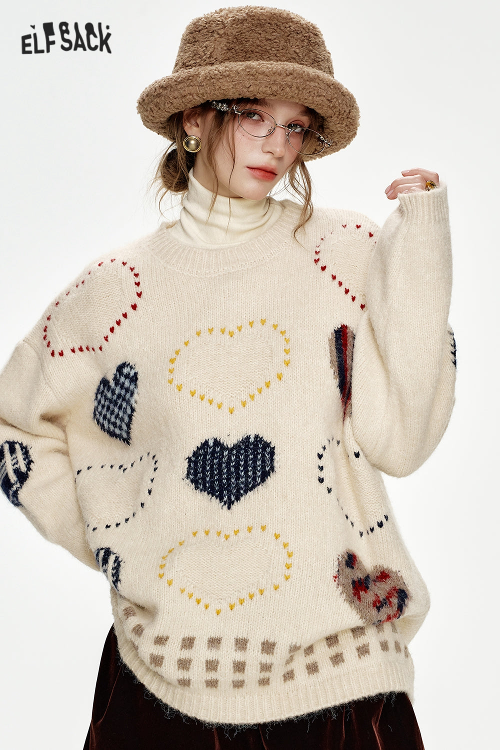 ELFSACK Christmas Year Red Heart Jacquard Round Neck Loose Sweater