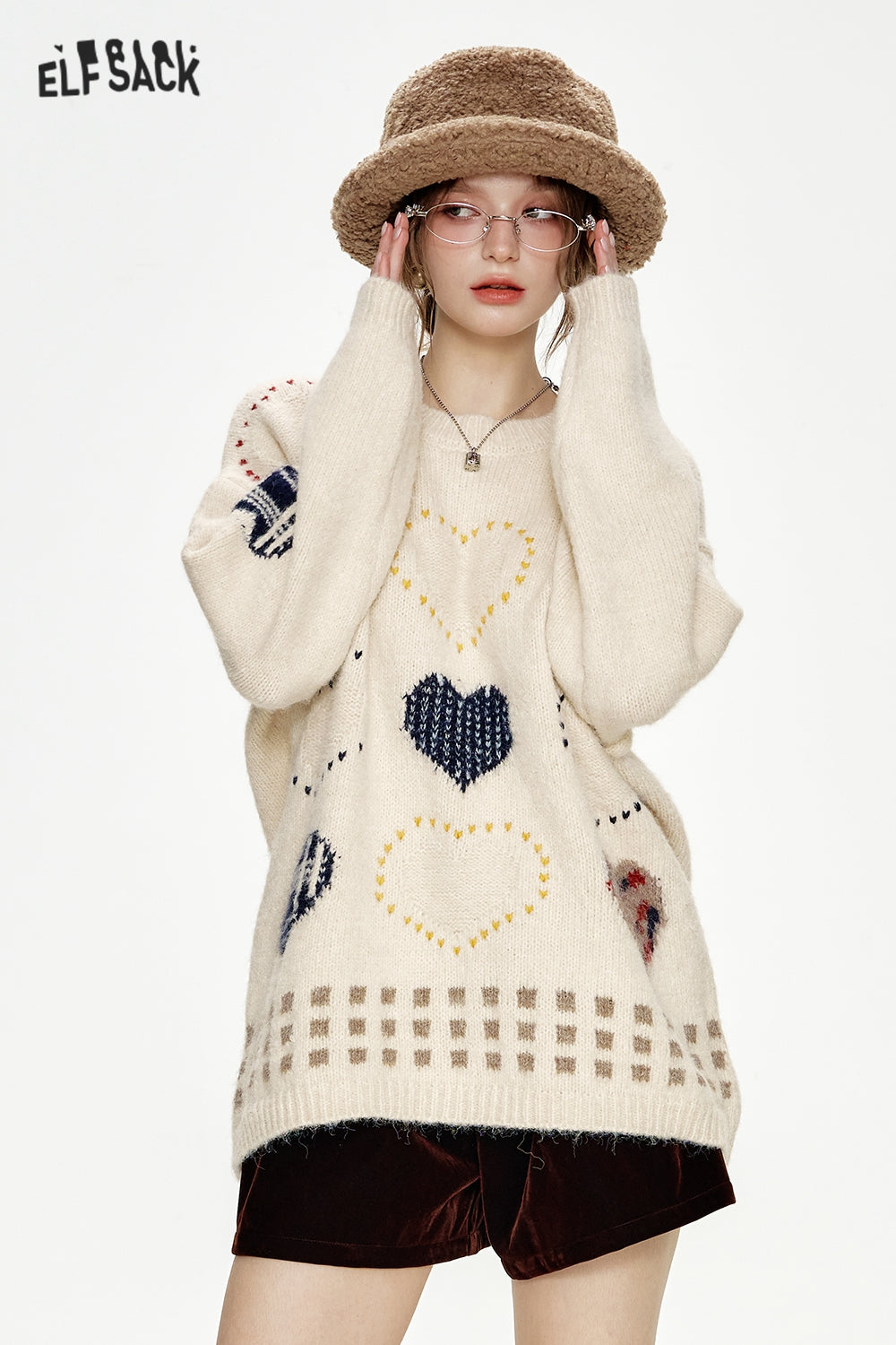 ELFSACK Christmas Year Red Heart Jacquard Round Neck Loose Sweater