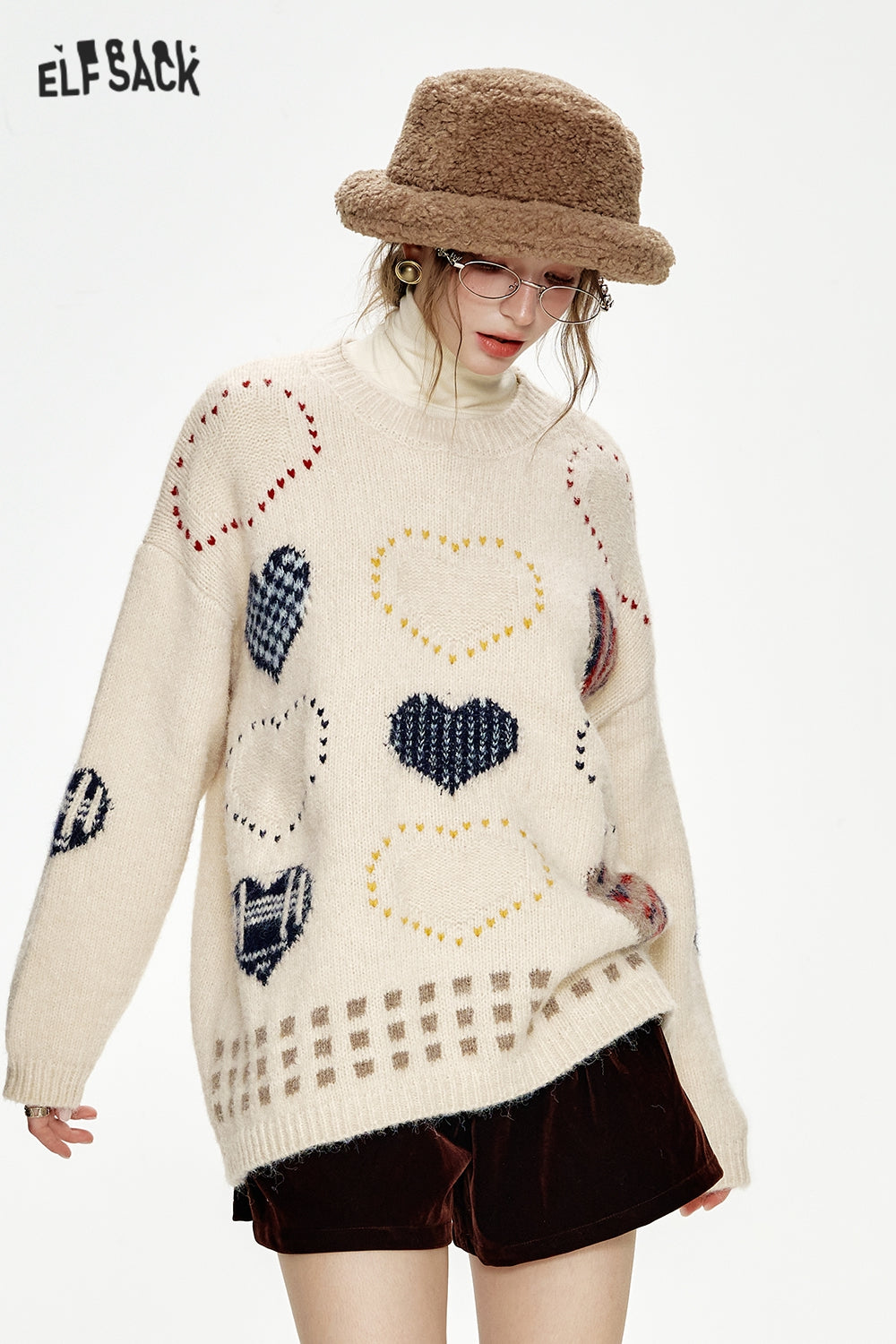 ELFSACK Christmas Year Red Heart Jacquard Round Neck Loose Sweater