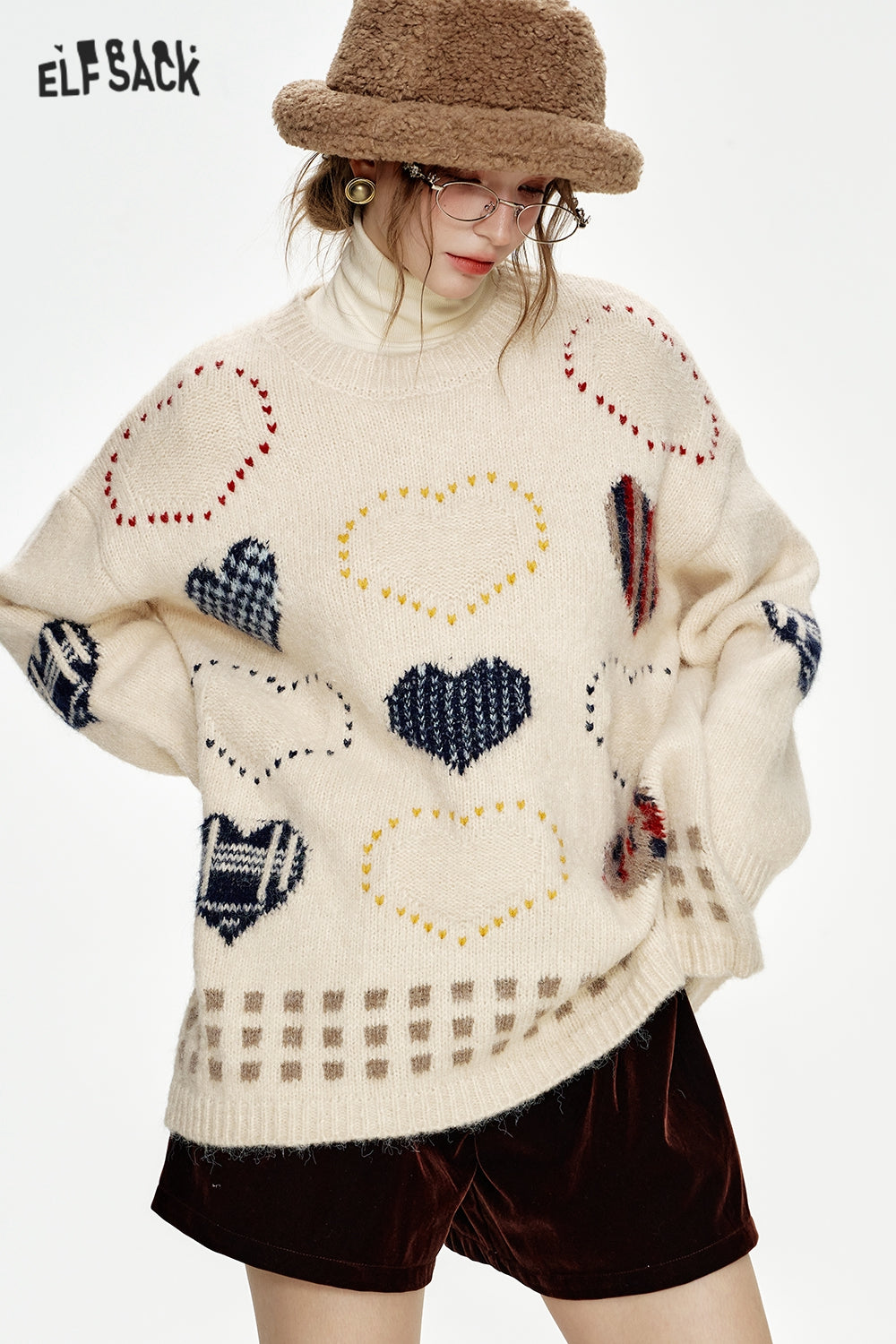 ELFSACK Christmas Year Red Heart Jacquard Round Neck Loose Sweater