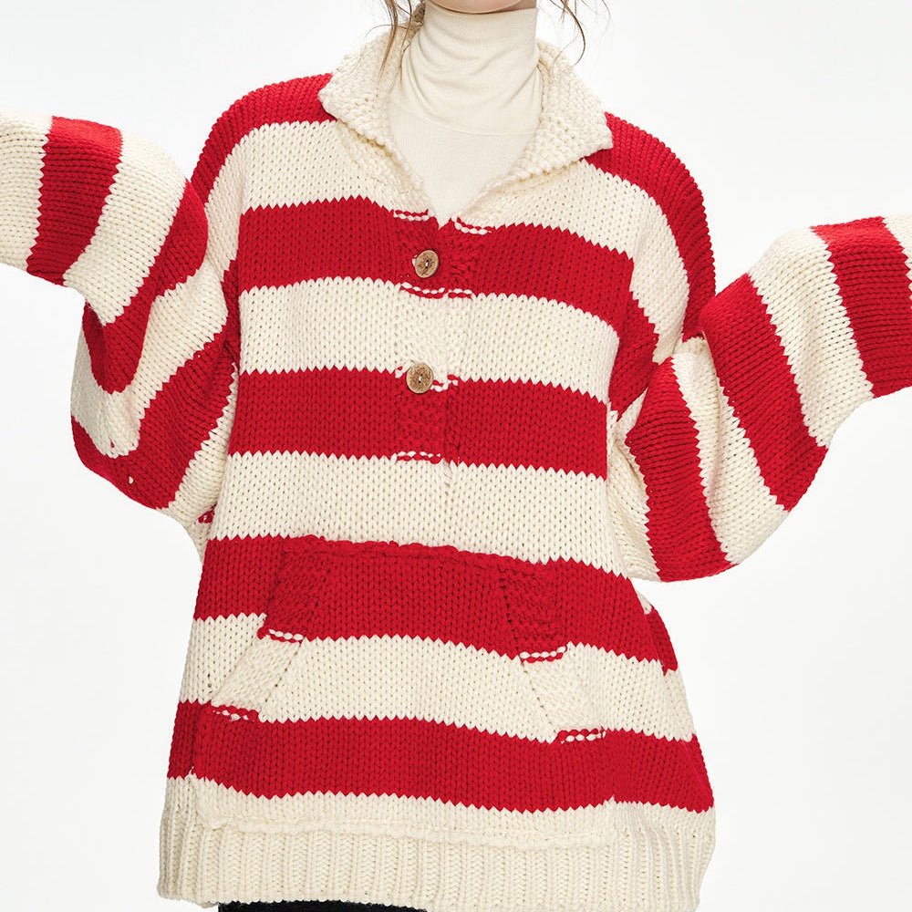 
                  
                    ELFSACK 2024 Winter New Arrivals Christmas New Year Button Lapel Red Striped Loose Sweater Women
                  
                