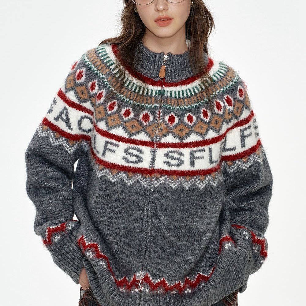 ELFSACK 2024 Winter New Arrivals Fair Isle knitting cardigan jacket for women retro loose gray sweater