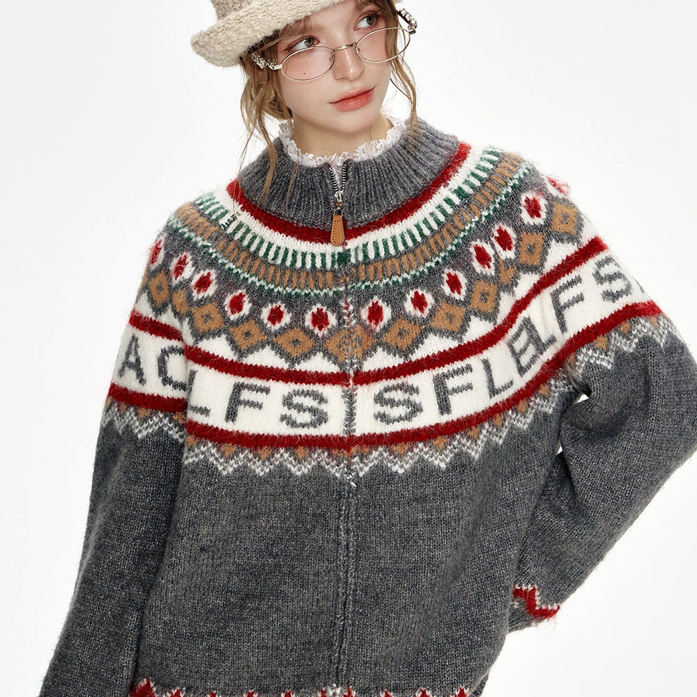 
                  
                    ELFSACK 2024 Winter New Arrivals Fair Isle knitting cardigan jacket for women retro loose gray sweater
                  
                