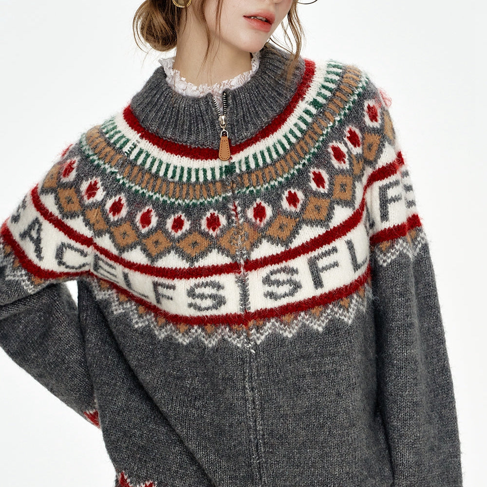 
                  
                    ELFSACK 2024 Winter New Arrivals Fair Isle knitting cardigan jacket for women retro loose gray sweater
                  
                