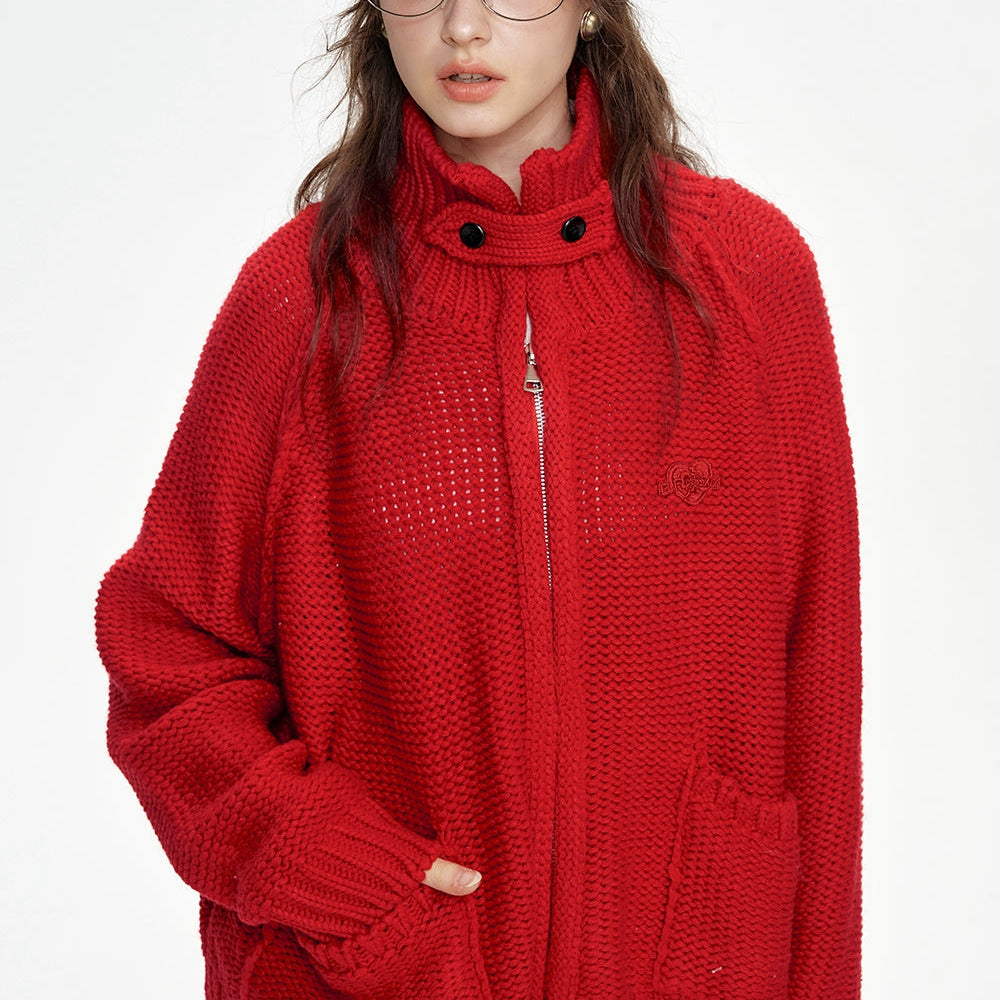 ELFSACK 2024 Winter New Arrivals Stand collar loose red knitting cardigan for women with zipper pockets threaded closure